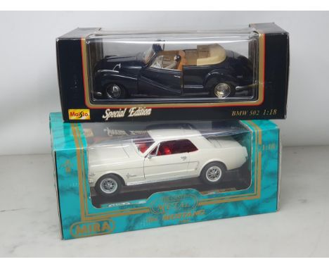 A boxed Mira 1:18 scale Ford Mustang and a Maisto Special Edition 1:18 scale BMW 502 