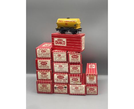 Fifteen Hornby Dublo 2-rail Wagons, boxed, Nr Mint-Mint, mostly unused to include United Glass Ltd, Low Sided Tractor, Shell 