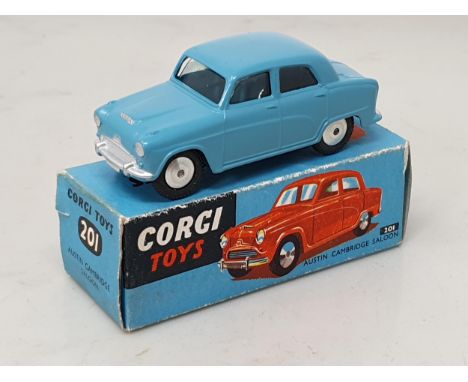 A boxed Corgi Toys No.201 blue Austin Cambridge Saloon with colour leaflet 