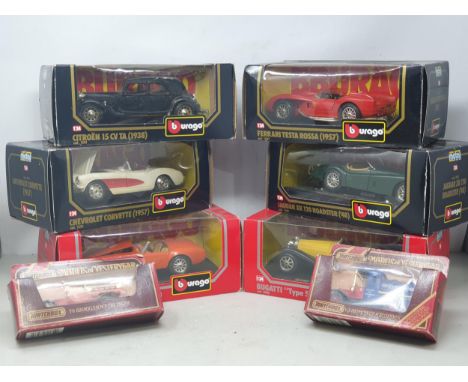 Six boxed Burago 1:24 scale Models including Chevrolet Corvette, AC Cobra, Bugatti, Jaguar XK120, Ferrari Testa Rossa, Citroe