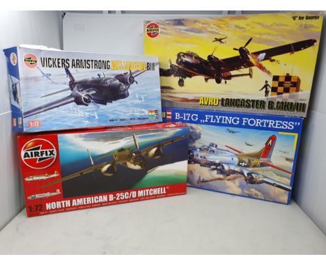 Four boxed Airfix 1:72 scale plastic Kits including Wellington, B25 Mitchell, Avro Lancaster and B17G Flying Fotress 
