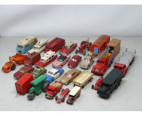 A box of play worn Corgi and Dinky Toys including Massey-Harris Tractor, Hudson Hornet Sedan, Superiors Criterion, etc. 