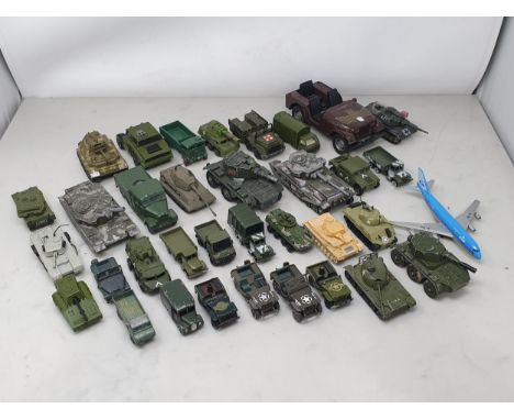 A Britains Lumber Wagon with horses A/F, a box of play worn Matchbox Military Vehicles and a box of play worn Matchbox and ot