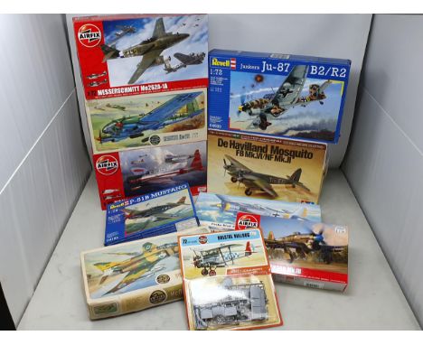 Ten boxed Airfix, Revell and Tamiya 1:72 scale Kits including Ju-87, De Haviland Mosquito, Nakajima B5N1, Messerscmitt 262, H