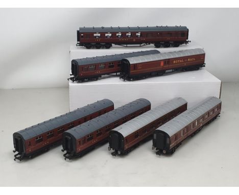 Nine unboxed Hornby 00 gauge LMS Coaches including Restaurant Car and TPO, two LMS Suburban Coaches, eight LNER teak Coaches 