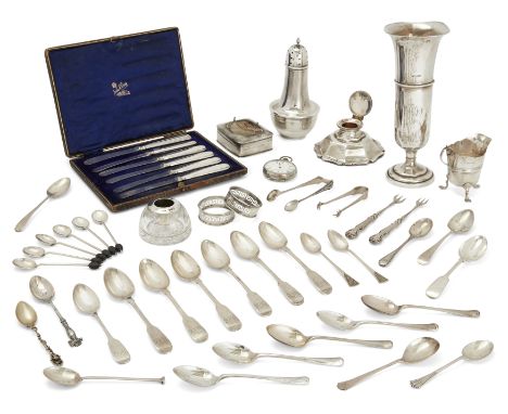 A group of silver flatware and other items. Various dates and makers. The group including: six Victorian Fiddle pattern teasp
