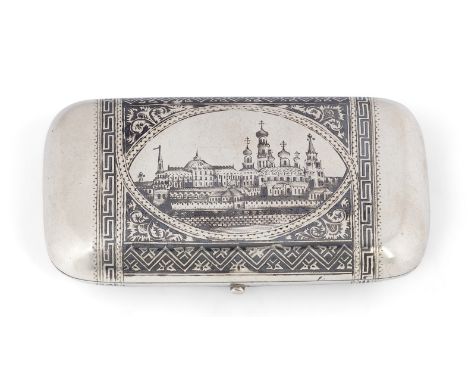 A 19th century Russian silver niello cigar case. Dmitry Nikolayev (probably), Moscow, c.1880. Of rounded rectangular form, th