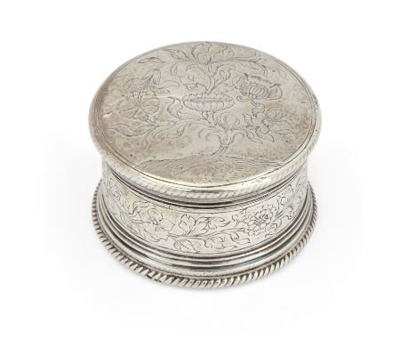 A silver counter or patch box. Maker's mark FG, possibly Francis Garthorne, Late 17th/early 18th century (probably). Of circu