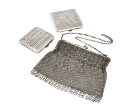 A silver mesh evening bag. Birmingham import marks, 1913. Designed with tassels and a ball clasp, approx. 16cm wide, together