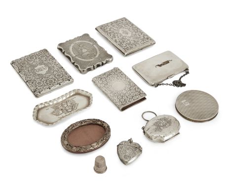 A group of silver card holders and other oddments. Various dates and makers. The group including: a late Victorian card holde