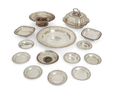 A group of silver and white metal. Various dates and makers. The group comprising: a silver armada dish, London, 1976, Asprey