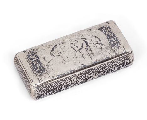 A French silver niello snuff box. Maker's mark indistinct. 800 standard. Of rectangular form, the hinged cover decorated with