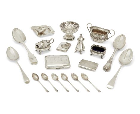 A mixed group of British silverware. Various dates and makers. The group including: a George III Old English pattern tablespo