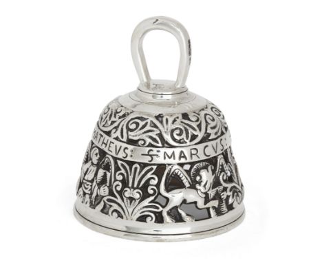 A George V cast silver 'Four Evangelists' table bell. William Hutton & Sons, Sheffield, 1913. The domed, openwork bell inscri