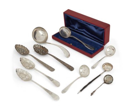 A group of silver and metal spoons and ladles. Various dates and makers. The group comprising: two George III silver later de