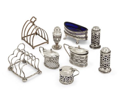 A group of Victorian and later silver cruets and other items. Various dates and makers. The group comprising: a Victorian pep
