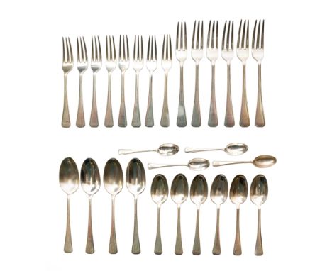 A group of Art Deco silver flatware. Goldsmiths & Silversmiths Co., London, 1935-1938. The group comprising: 6 three-tined ta
