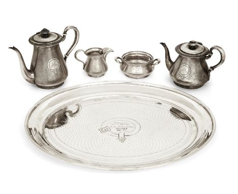 A 19th century German silver four piece tea set. 13 loth, Pre-1888. Each piece designed with engine turned and floral pattern