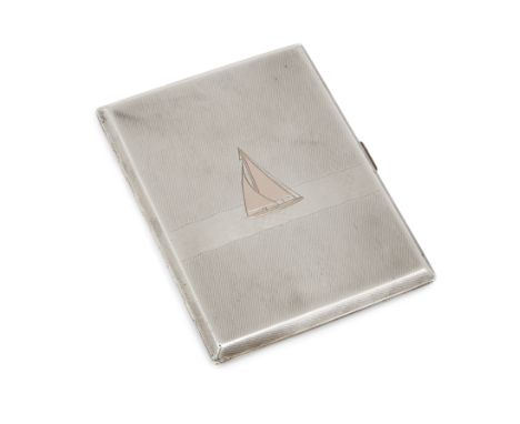 A silver cigarette case with sailing boat motif to cover. Maker's mark J.H.C., Birmingham, 1950. Of rectangular form, the eng