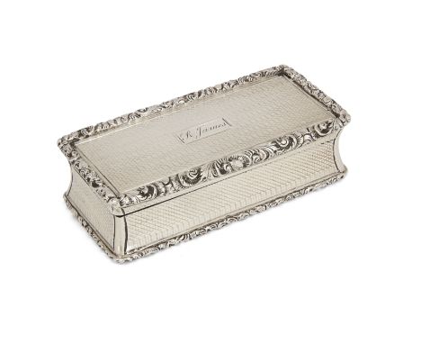 Of sporting interest. A William IV silver snuff box. Edward Smith, Birmingham, 1834. Of rectangular, engine-turned design wit