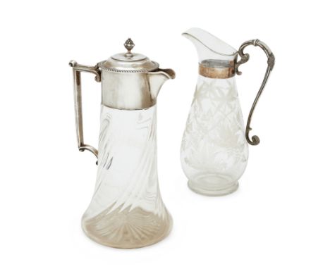 An early Edwardian silver mounted claret jug. William Hutton & Sons, Sheffield, 1901. The twisted glass body to a silver coll