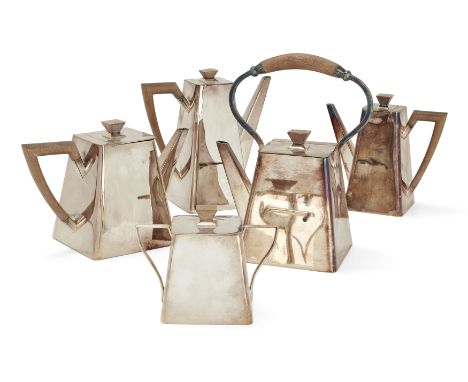 A silver plated Art Deco style five piece tea set. Maker EC. The set comprising: a tea pot, coffee pot, a milk pot, a hot wat