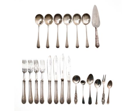 A group of silver flatware. Various dates and makers. The group including: four Victorian fish knives and four fish forks, Sh