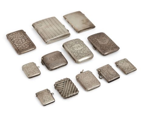 A group of silver cigarette and vesta cases. Various dates and makers. The group including: an Edwardian cigarette case, Birm