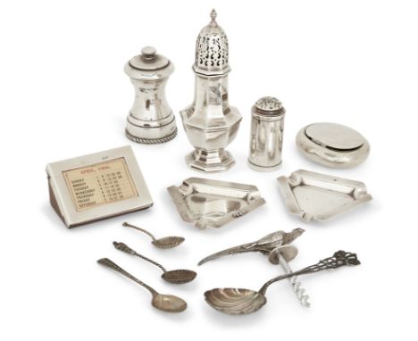 A group of silver and metalware. Various dates and makers. The group comprising: a silver caster, Birmingham, 1914, Mappin & 