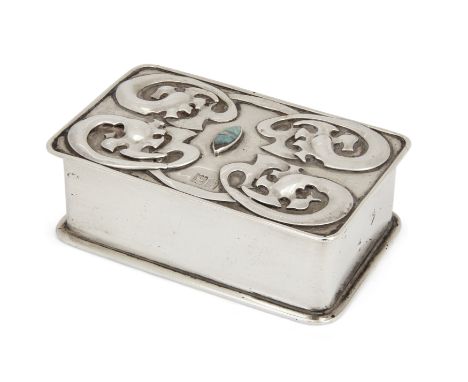 An Arts & Crafts Edwardian silver box. William George Connell, London, 1902. Of rectangular form, the hinged cover designed w