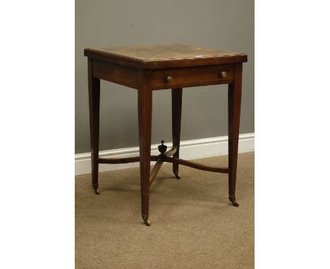 Edwardian rosewood inlaid envelope top card table, with single drawer on square supports joined by a cross stretcher, W55cm, 