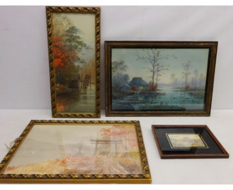 Japanese River Landscape, early 20th century watercolour signed K. B. Takata, Figures along a Country Path, watercolour indis