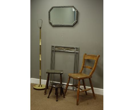 19th century country elm seat chair, stool with metal top, small circular stool, wall hanging mirror, an onyx standard lamp a