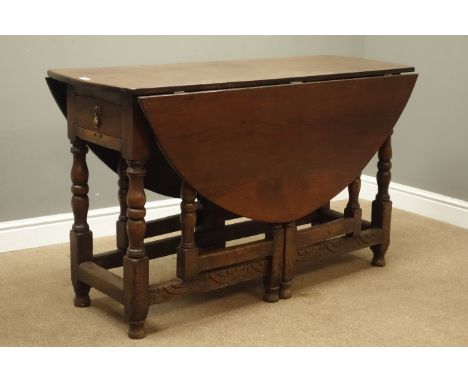 18th century & later oak drop leaf table, with fall leaves and end drawer on double gate action turned supports with stretche