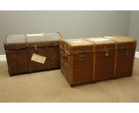 Vintage 'Atlas' wooden bound dome top trunk with metal handles, W81cm and another flat top trunk with lift out tray and leath