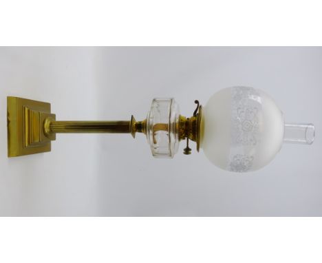 Mid 19th century American brass oil lamp by Dietz, Davis & Co. corinthium shaped stem on stepped base with clear faceted glas