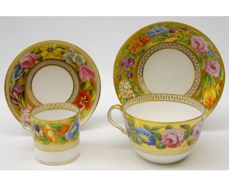 Early 19th century Spode cup and saucer & coffee can and saucer, c1820, painted with a continuous band of flowers against a g