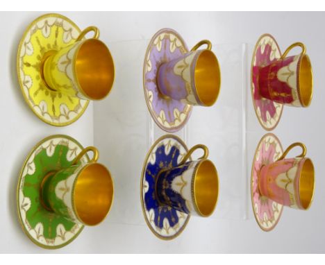 Set of six late 19th century Royal Doulton Harlequin coffee cups and saucers, with classical style decoration, having gilt sw