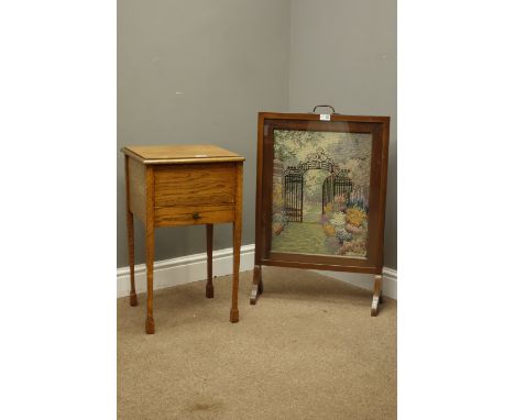 1930s oak sewing box with hinged top on square supports, W37cm, H64cm & a woolwork firescreen, H81cm (2)   Condition Report  