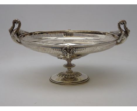 19th century silver-plated centrepiece, oval pierced gallery, lion masks and swan neck handles and beaded borders, in the sty