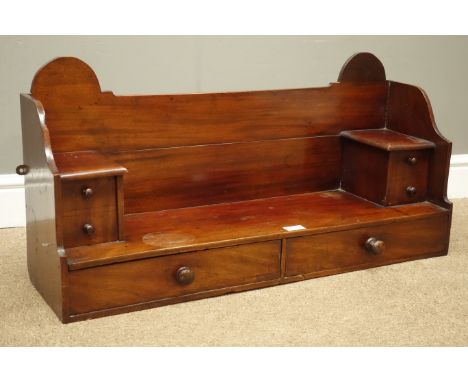 Victorian mahogany wall shelf, with shaped back above two compartments and two drawers with turned wooden handles, W82cm, H40