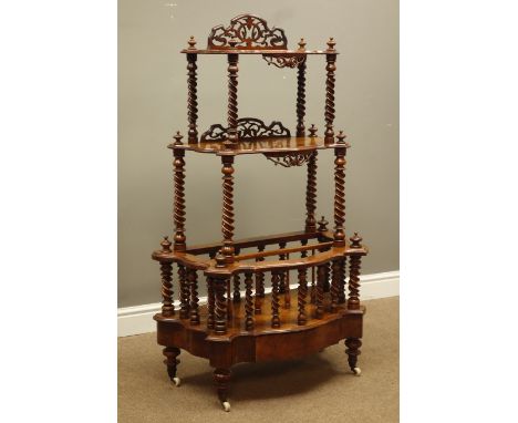 Victorian figured walnut shaped three tier what-not Canterbury, barley twist supports, pierced and carved gallery backs, draw