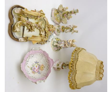 Pair continental porcelain lamp bases, 19th century German porcelain mirror, decorated with figures below applied cherub cres