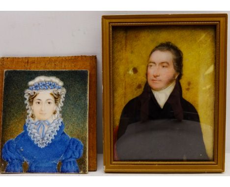 Portrait of a Gentleman and Lady, two 19th century ivory miniature portraits unsigned 11.5cm x 8.5cm and 9cm x 7cm (2)   Cond