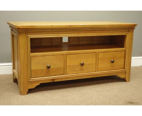 Solid light oak television stand, single shelf above three drawers, W115cm, H58cm, D44cm    Condition Report   Click here for