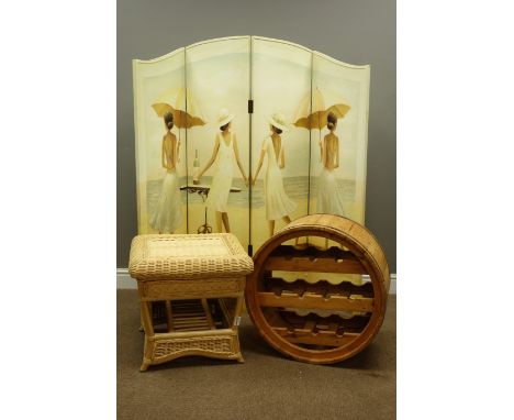 Three fold four panel dressing screen decorated with beech scene, circular rustic bottle rack and a cane table   Condition Re