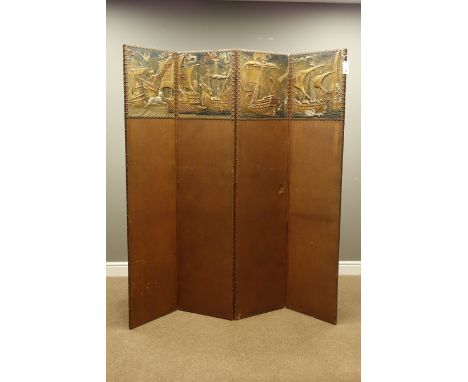 20th century three fold Screen, the four nailed rexine panels decorated with a coloured embossed panorama of Galleons enterin