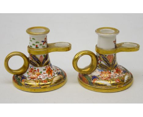 Pair Spode chamber sticks, c1815-1820, decorated in the Imari pallet, pattern no. 967, H6.5cm (2)   Condition Report   Click 