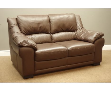 Two seat sofa (W150cm) and matching armchair (W95cm) upholstered in brown leather