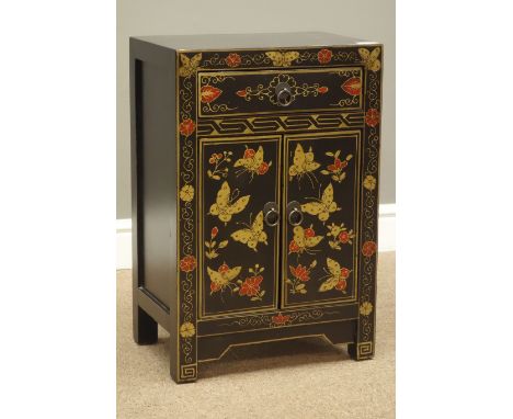 Chinese black lacquered Chinoiserie style bedside/lamp cabinet, W40cm, H61cm, D28cm   Condition Report   Click here for furth